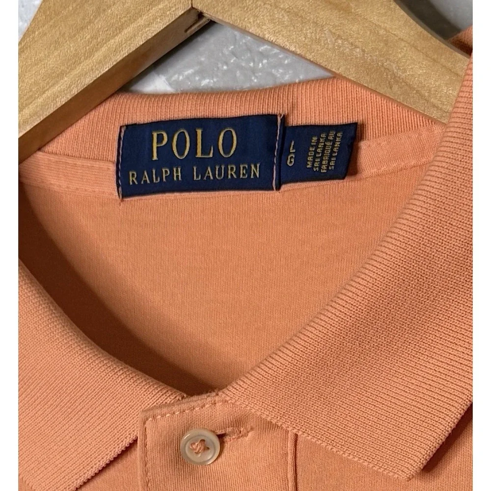 Polo Ralph Lauren Mens Large Polo Shirt Peach Orange Cotton Mesh Pony Logo Golf